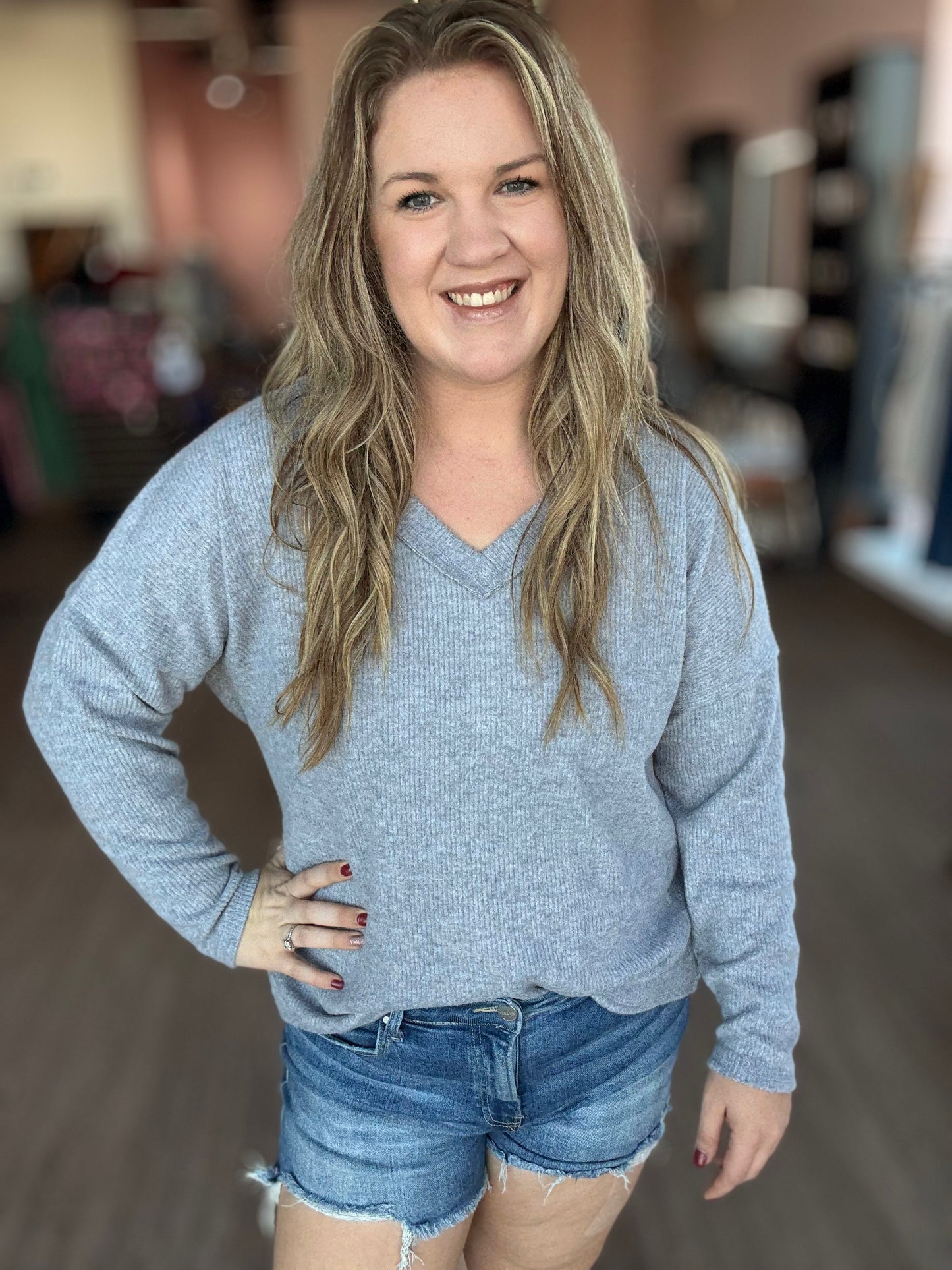 Gray Ribbed Long Sleeve Top