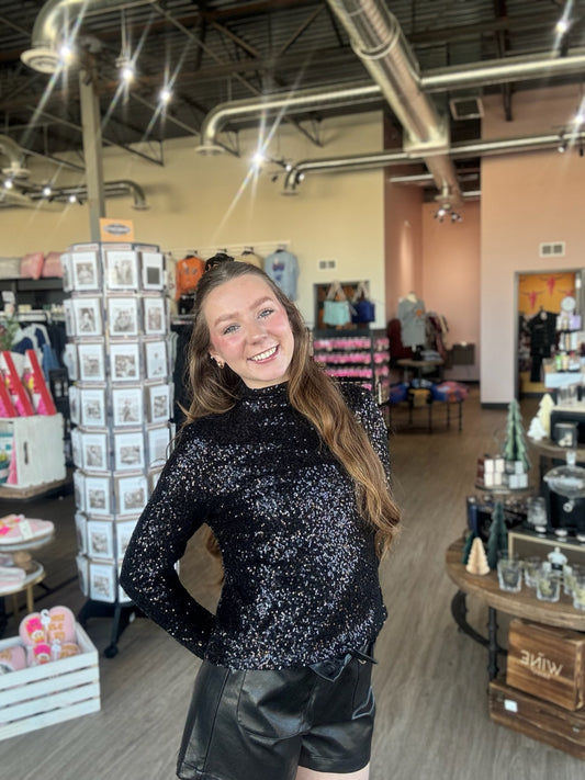 Black Sequin Mock Neck Top