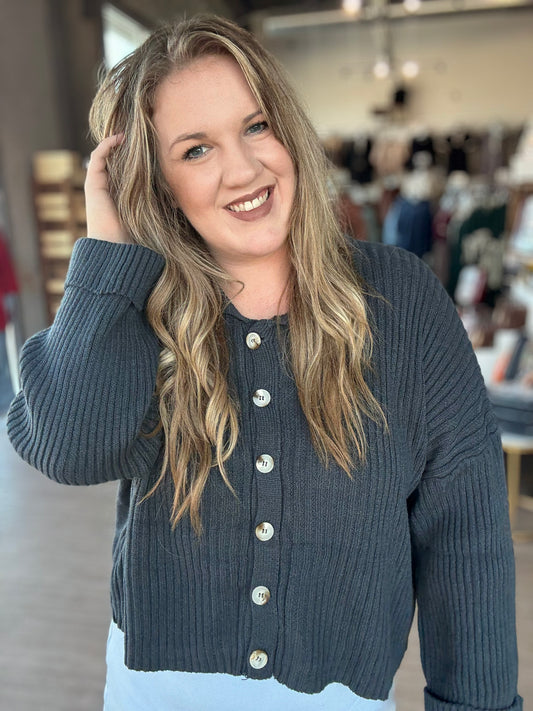Navy Ribbed Button Down Sweater