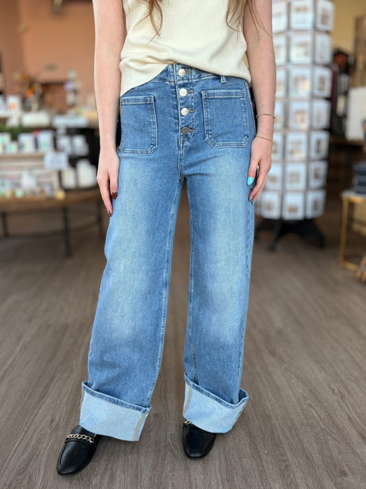 High Rise Ankle Button Down Risen Pocket