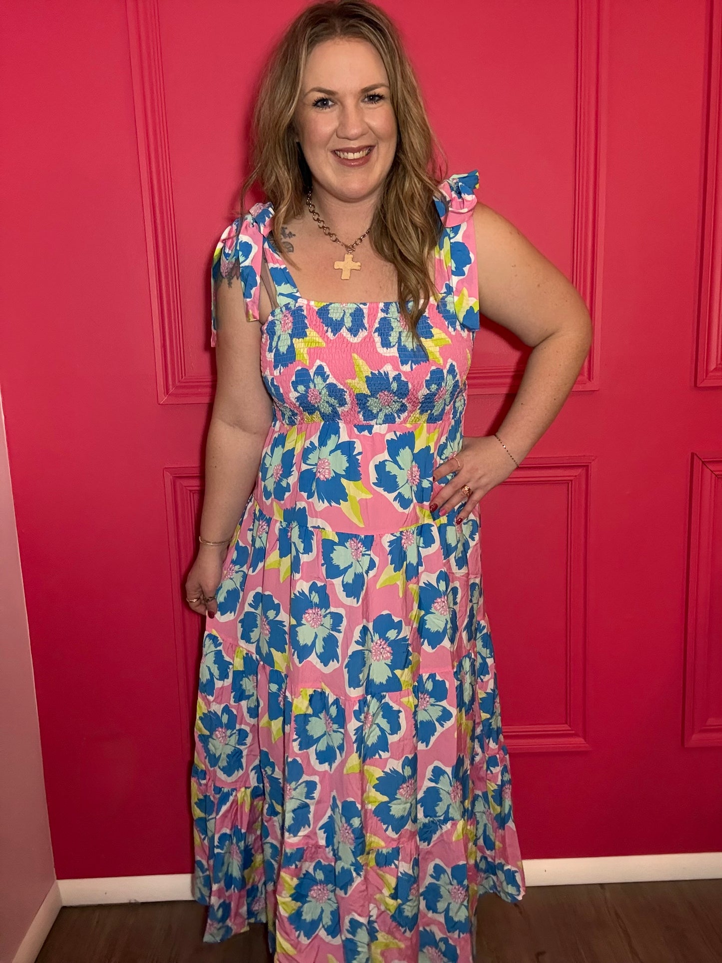 Blue Flower w/Pink Maxi Dress