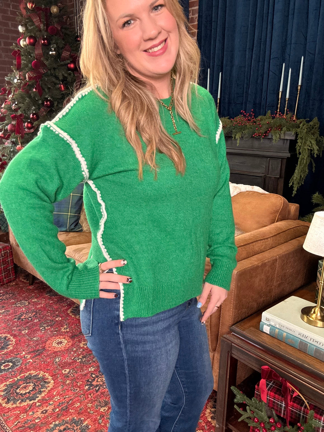 Green With Envy Blanket Stitch Sweater