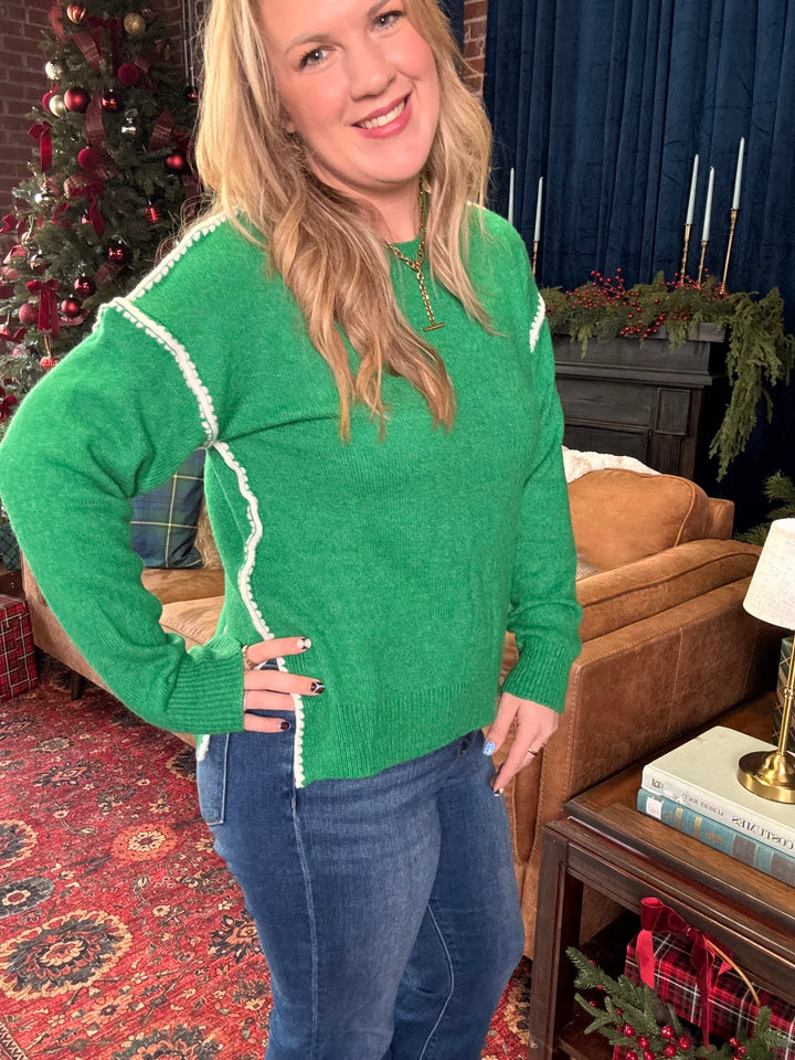 Green With Envy Blanket Stitch Sweater