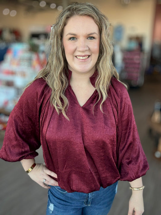 Red Satin Long Sleeve Blouse