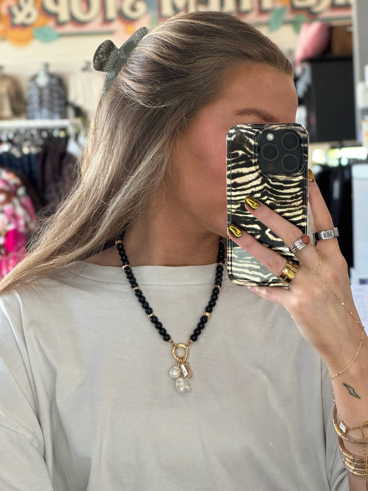 Black Beaded Pearl &amp; Crystal Charm Necklace