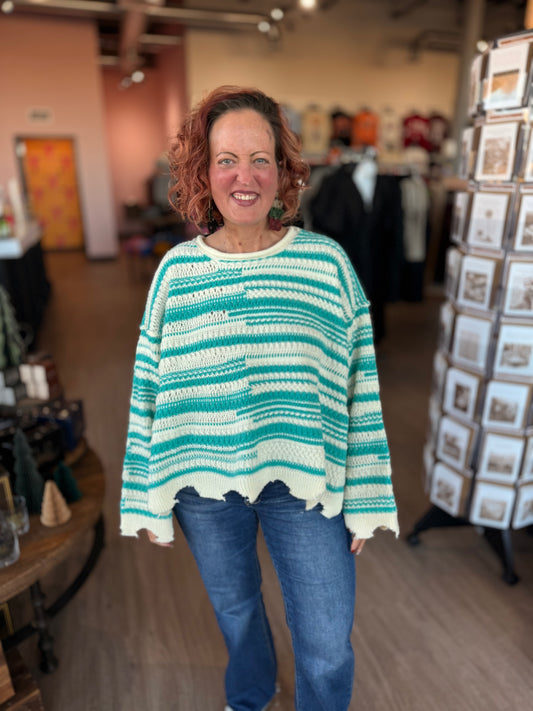 Blue Stripe Raw Hem Sweater