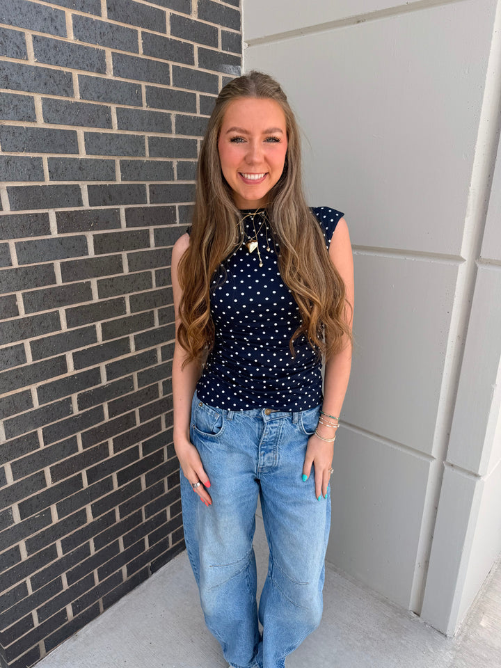 Navy High Neck Polka Dot Top