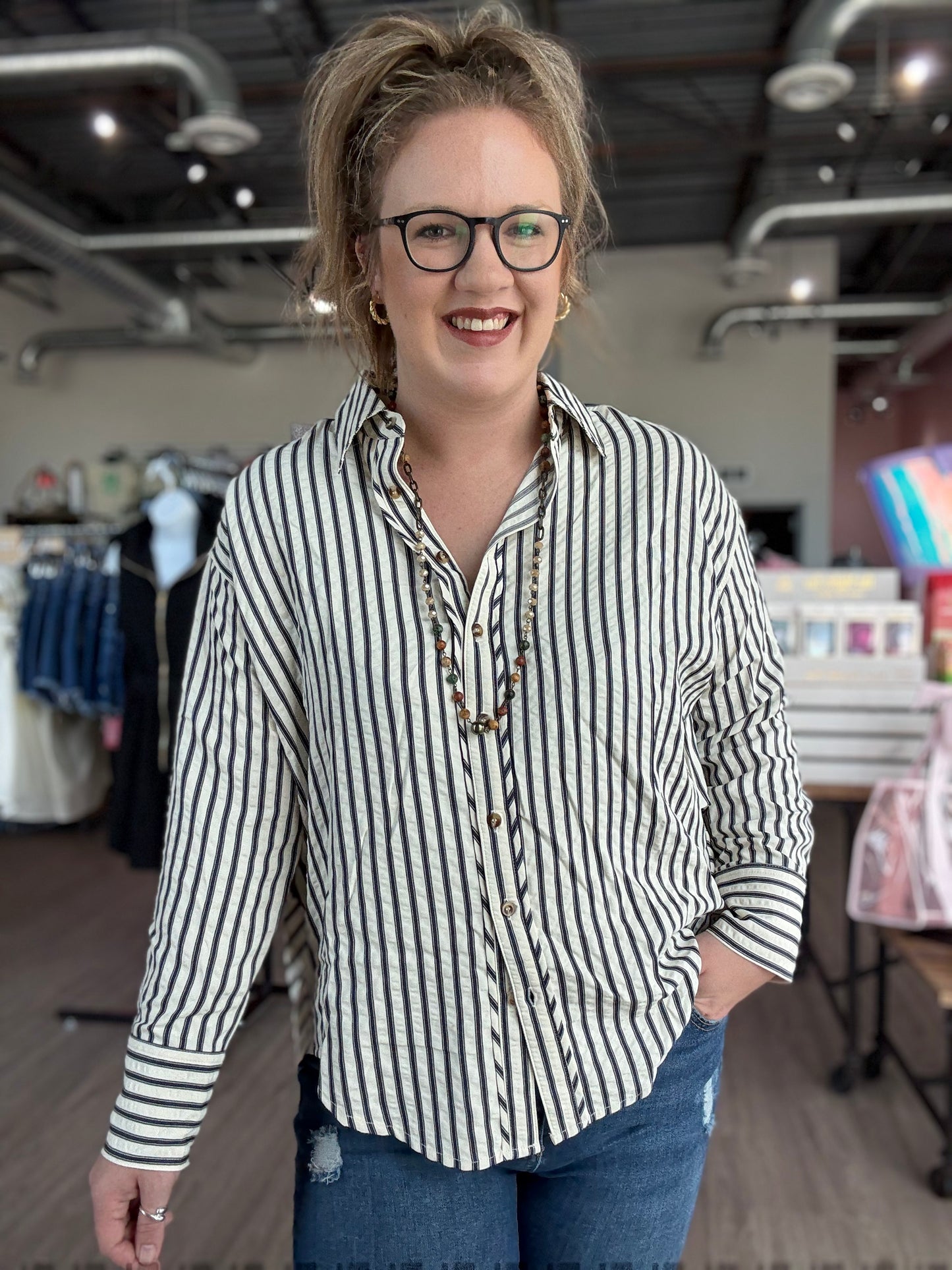 Navy Stripe Collar Button-down Top