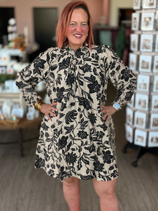 Black/Taupe Flower Mock Dress