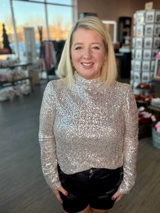 Champagne Sequin Mock Neck Top