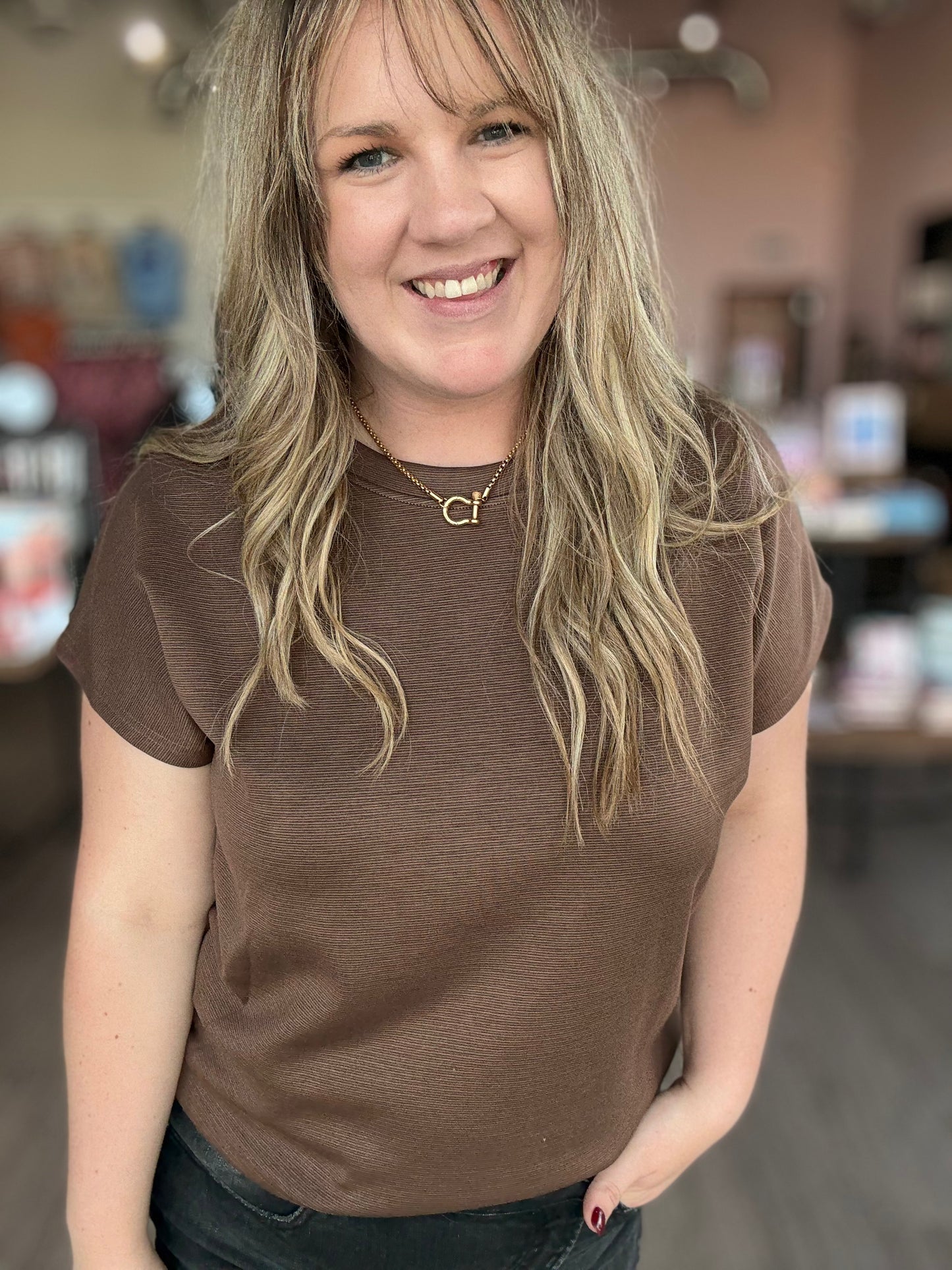 Brown Round Neck Basic Top