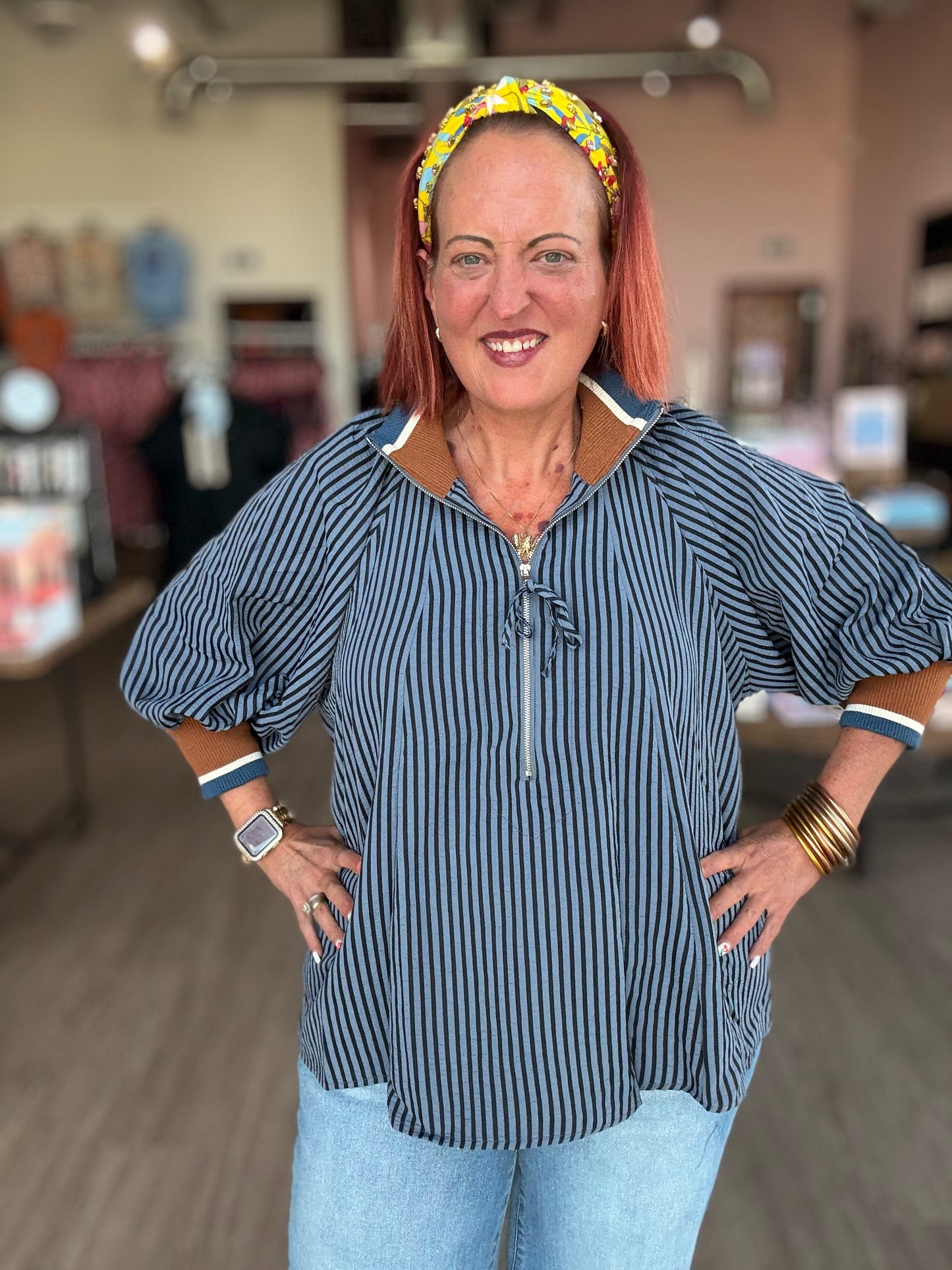 Navy Stripe 3/4 Sleeve Zip Top