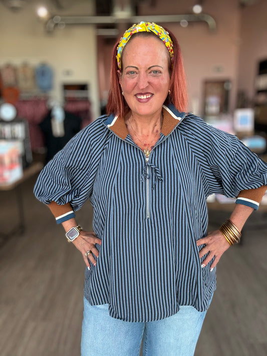 Navy Stripe 3/4 Sleeve Zip Top