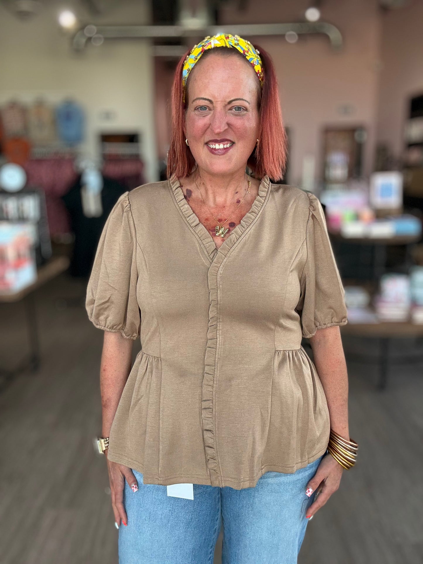 Mocha Ruffle Neck/Front Top