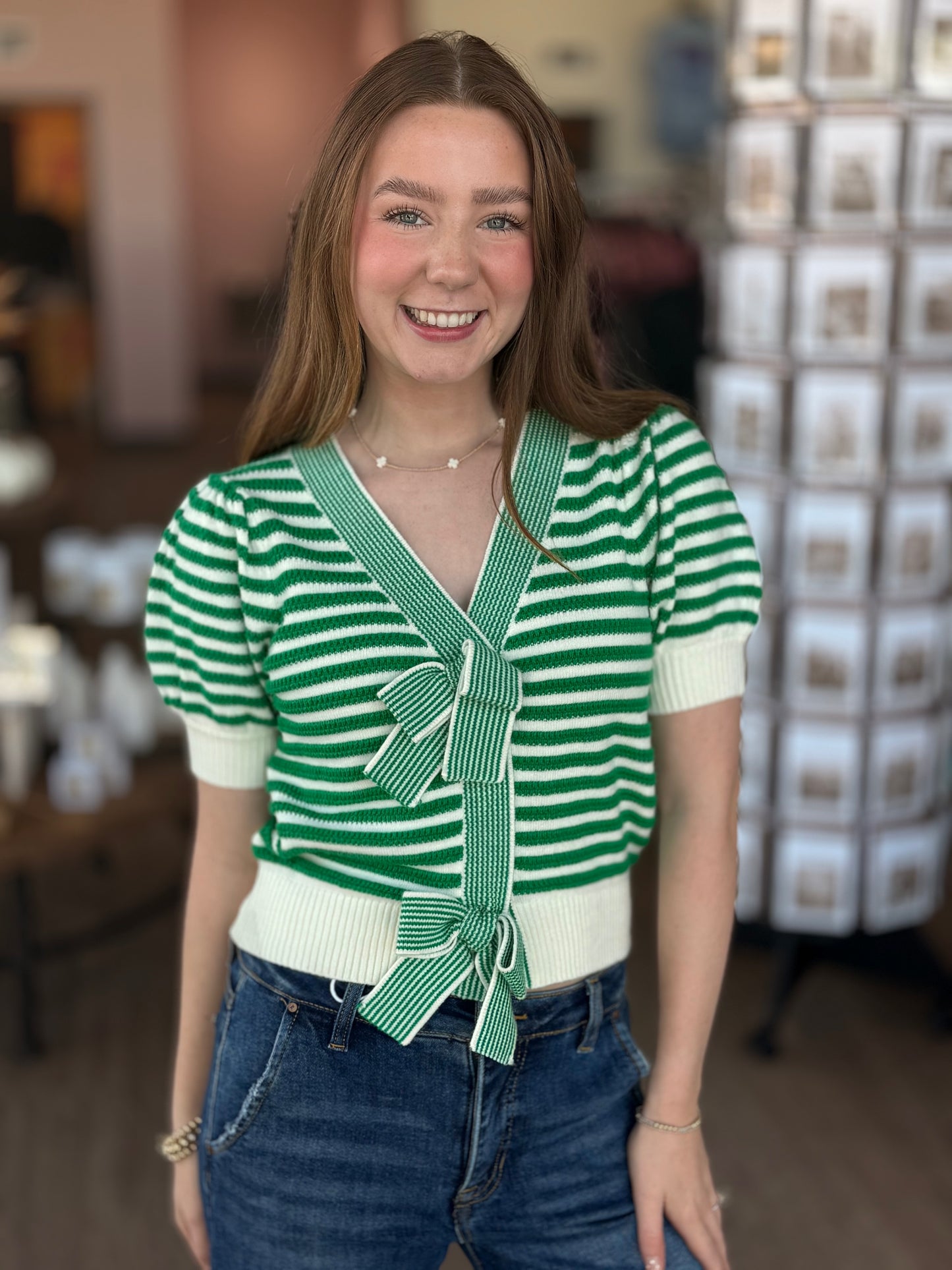 Green Stripe Bow Cardigan