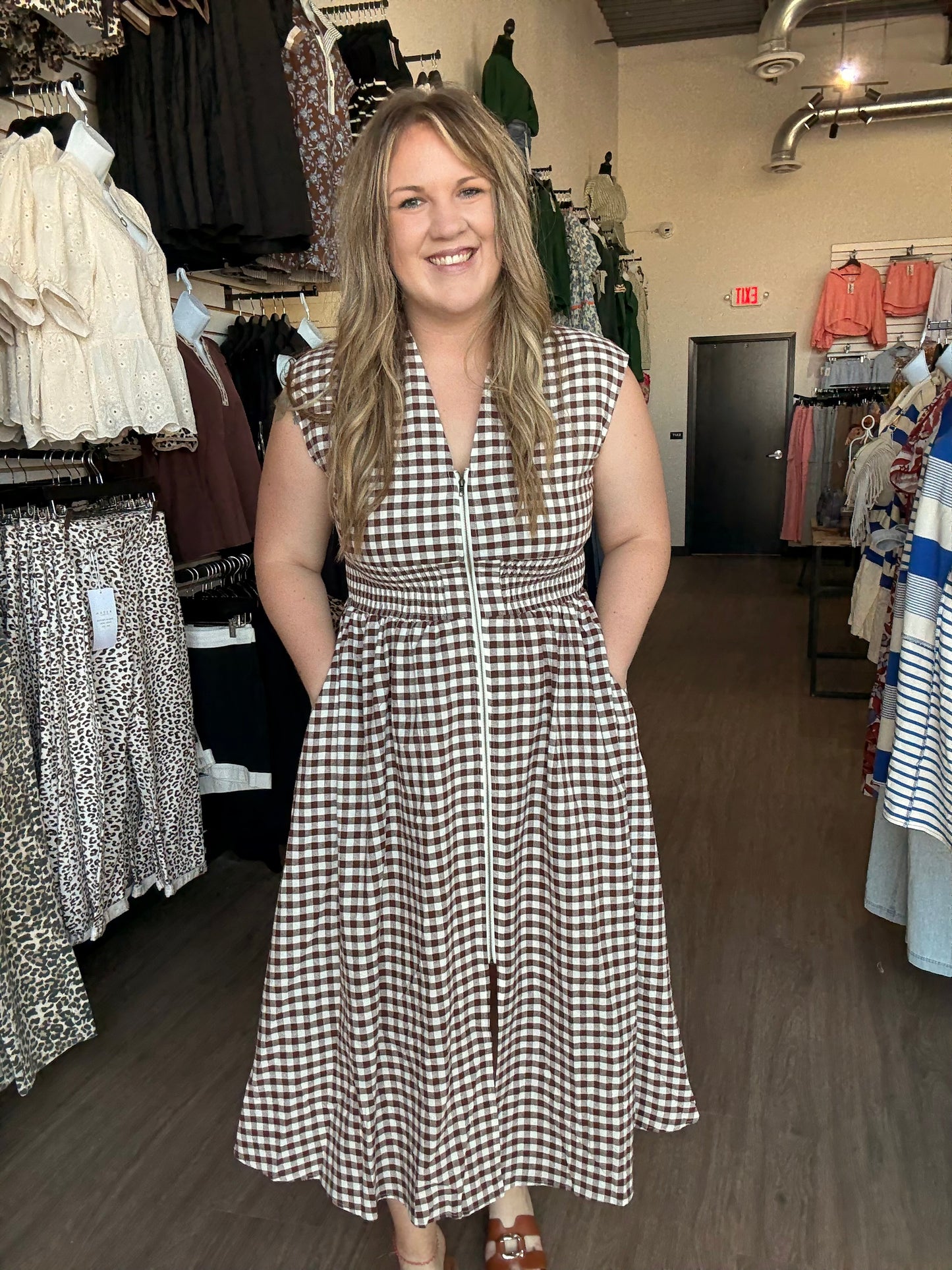 Brown Gingham Zipper Dress