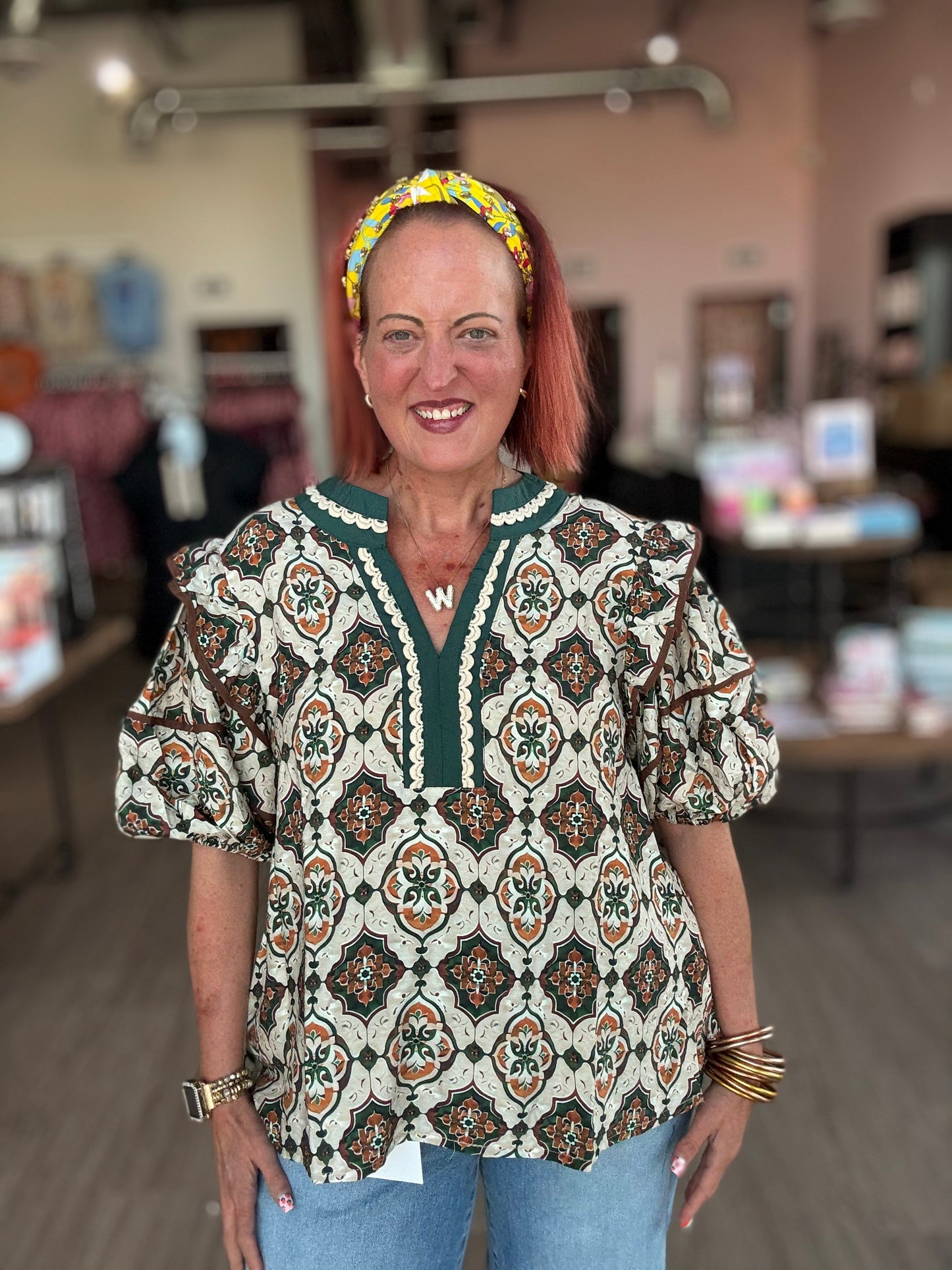 Green/Caramel Abstract Print Top