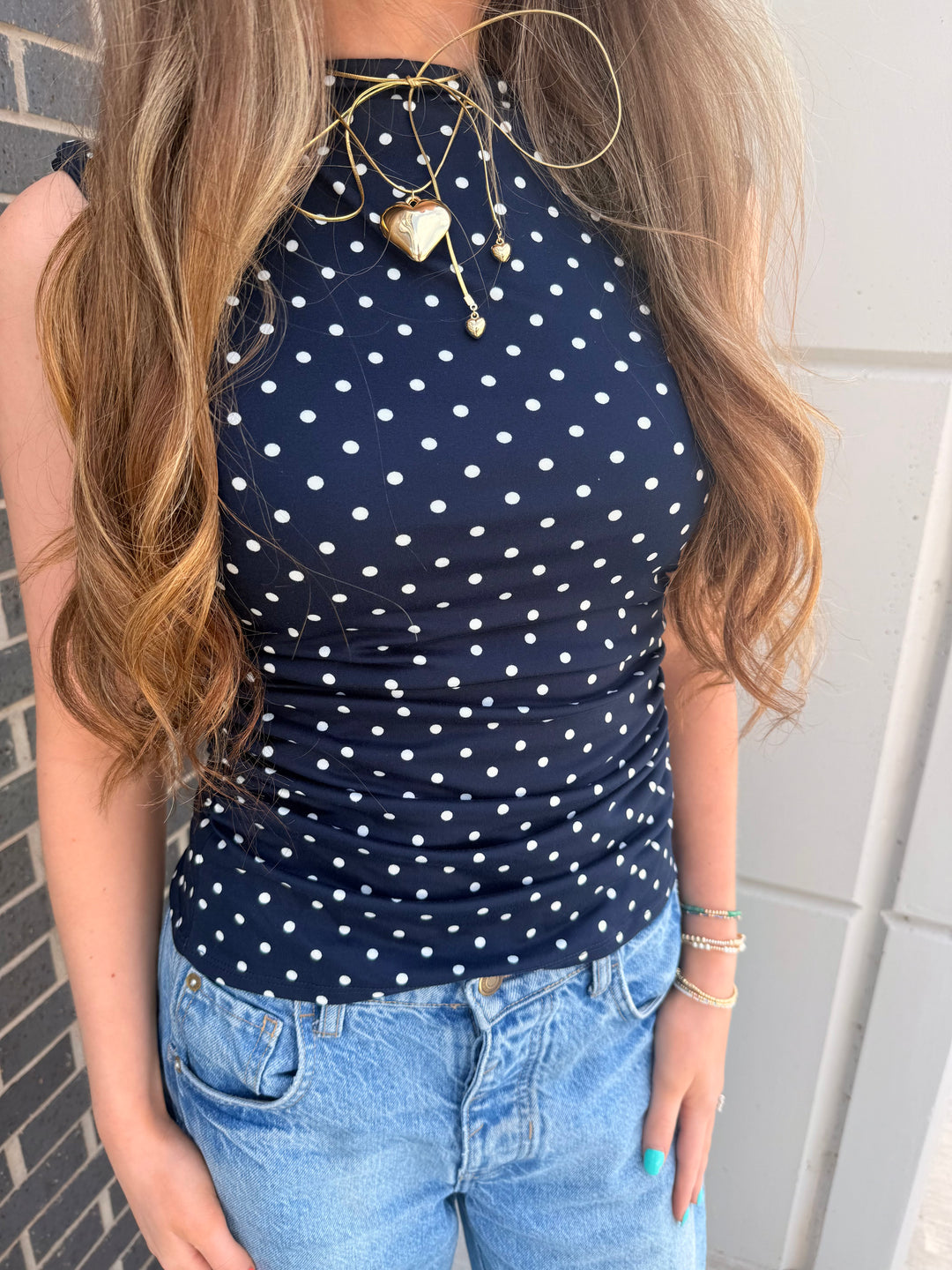 Navy High Neck Polka Dot Top