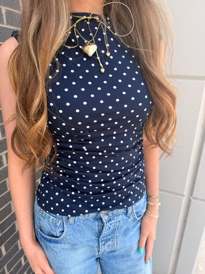 Navy High Neck Polka Dot Top