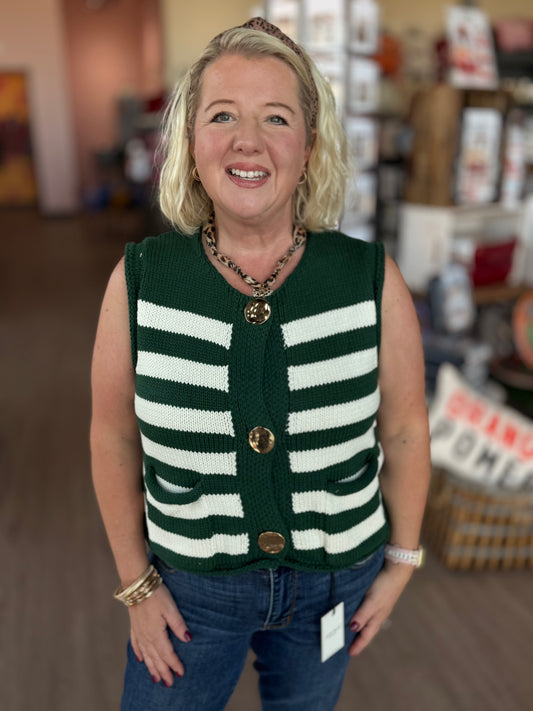 Green Stripe Sweater Vest W/Gold Buttons