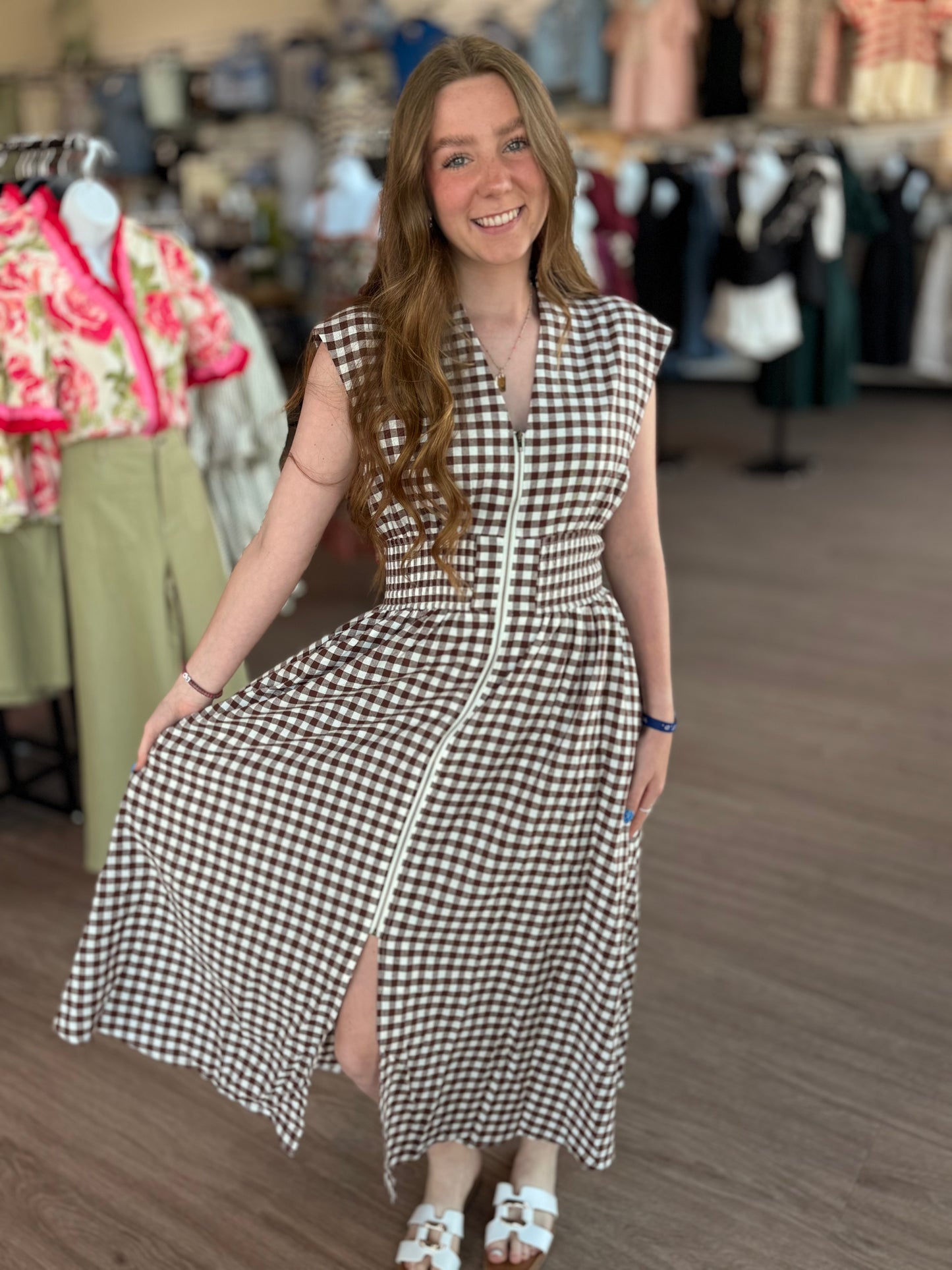 Brown Gingham Zipper Dress