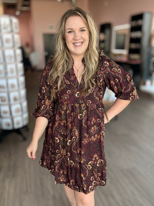 Wine Mixed Print Floral Dress