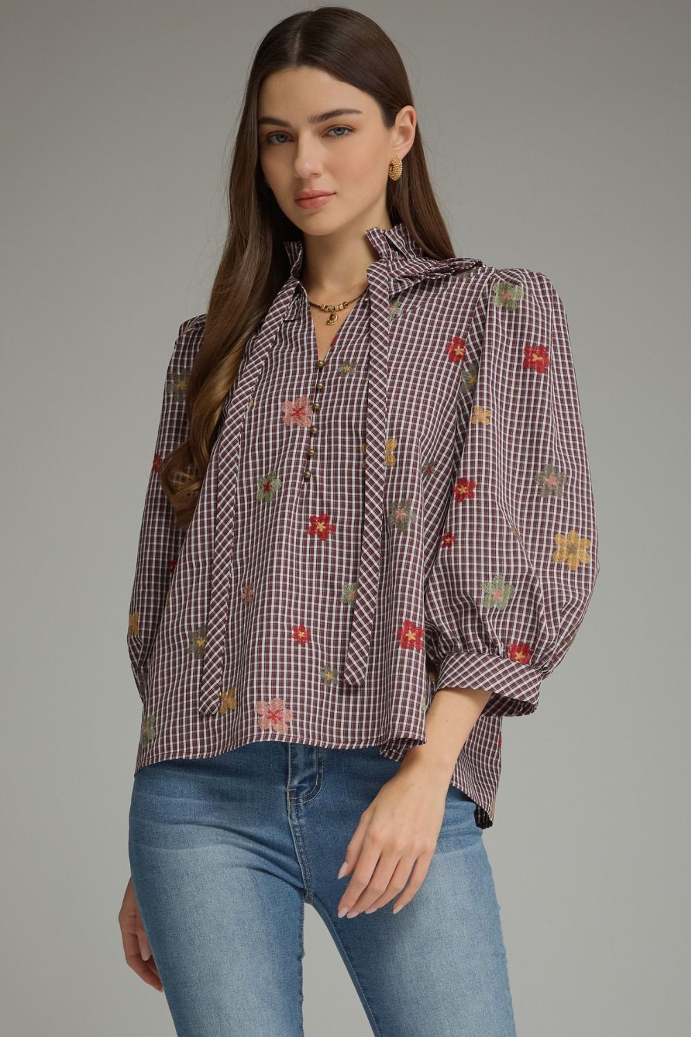 Gathered Blooms Gingham Top