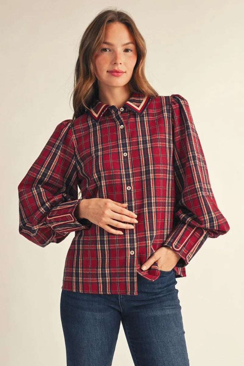 Holly Lane Embroidered Plaid Blouse