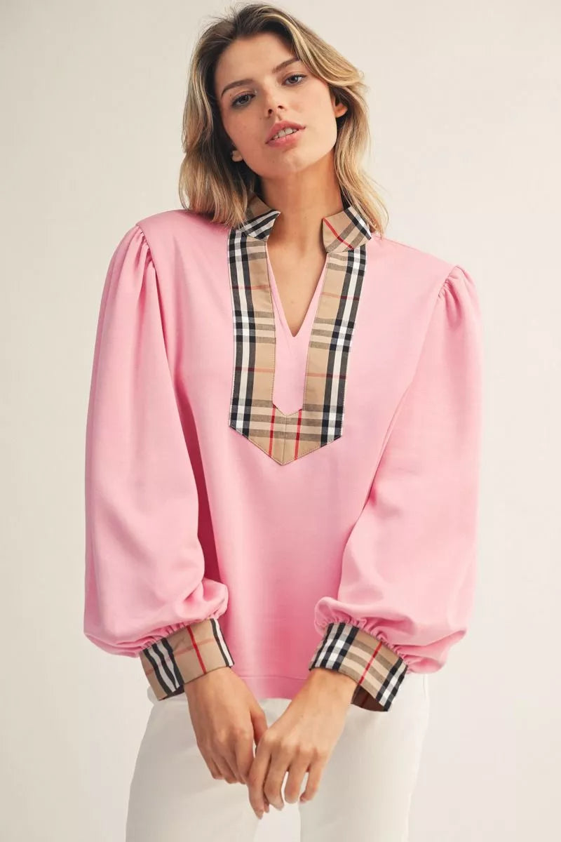 Pretty in Pink Plaid Trim Top