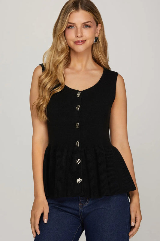 Black Peplum Tank w/Buttons