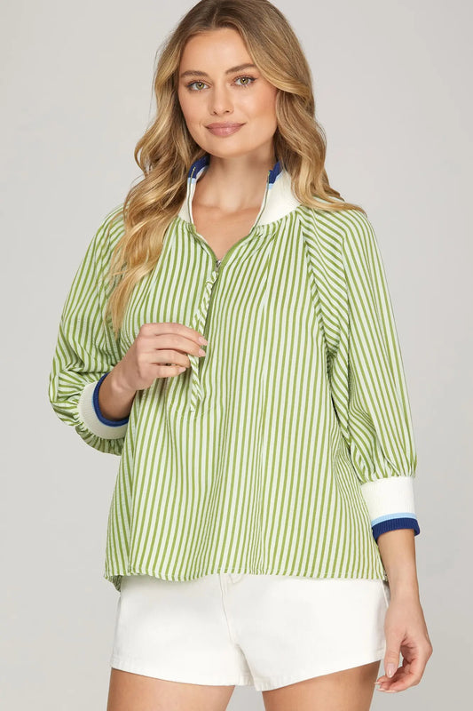 Sage Stripe Blouse w/Navy