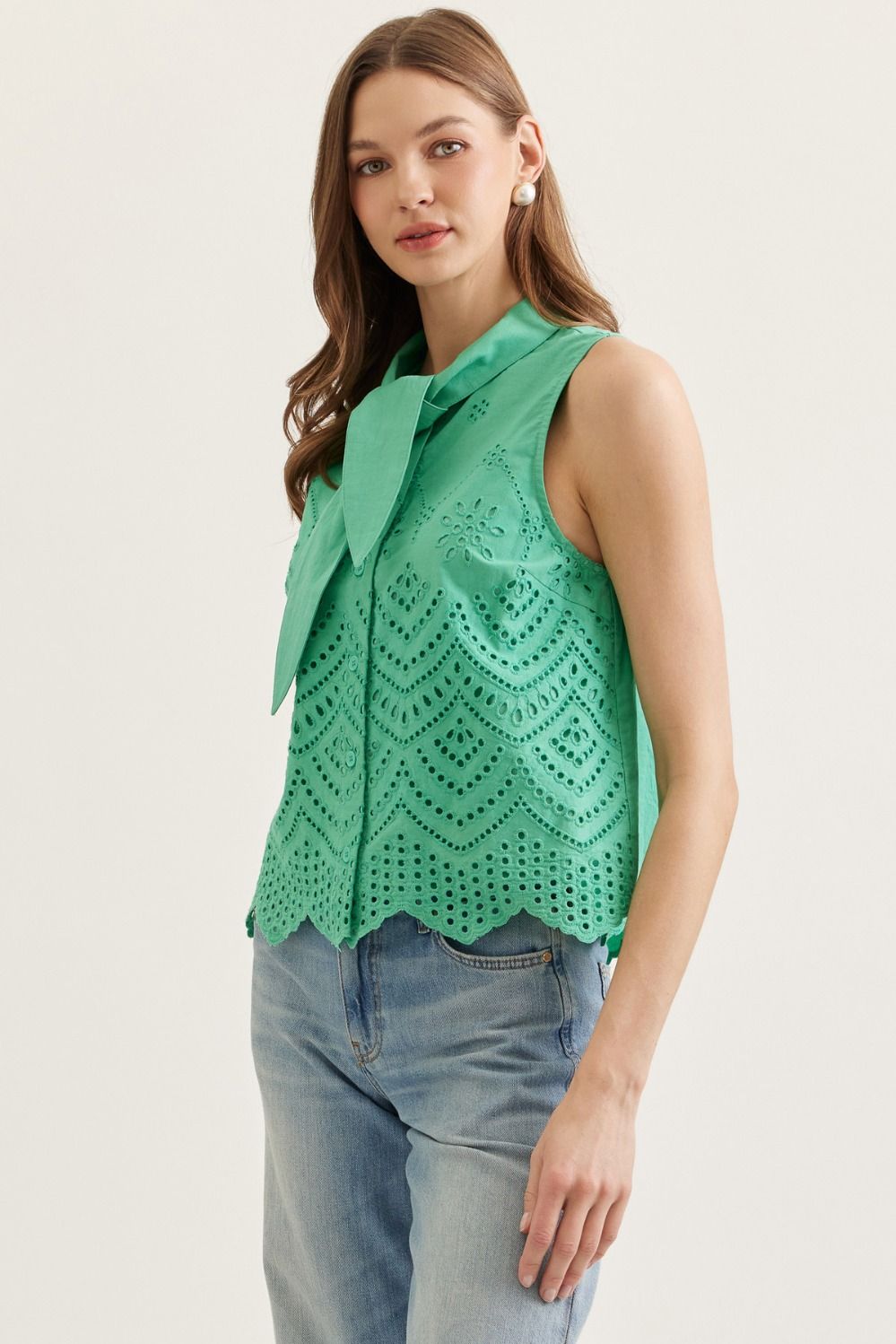 Green Eyelet Sleeveless Blouse