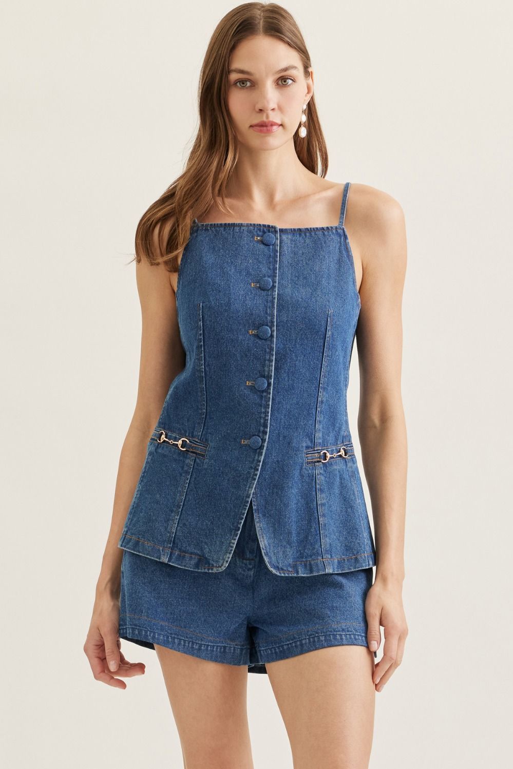 Denim Horsebit Button Tank