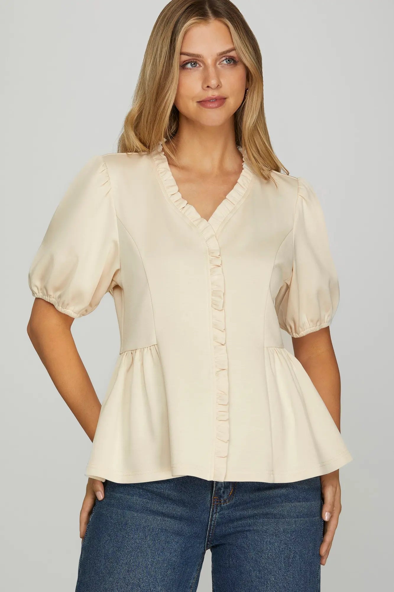 Ecru Ruffle Neck/Front Top