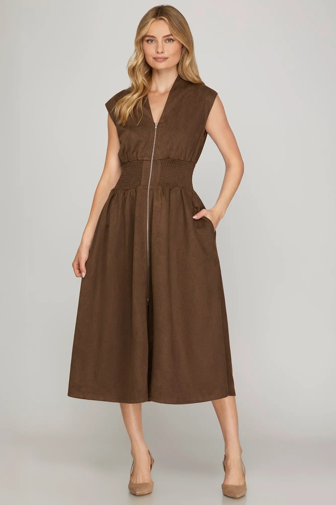 Brown Suede Zip Up Midi Dress
