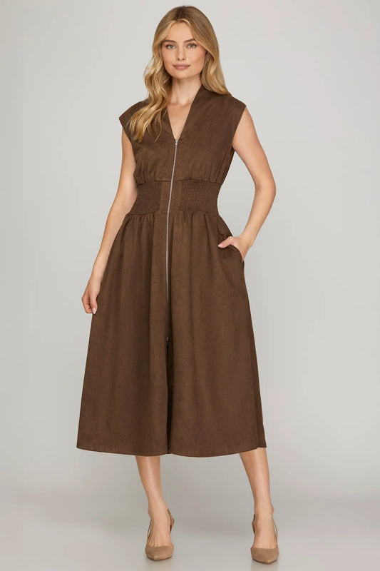 Brown Suede Zip Up Midi Dress