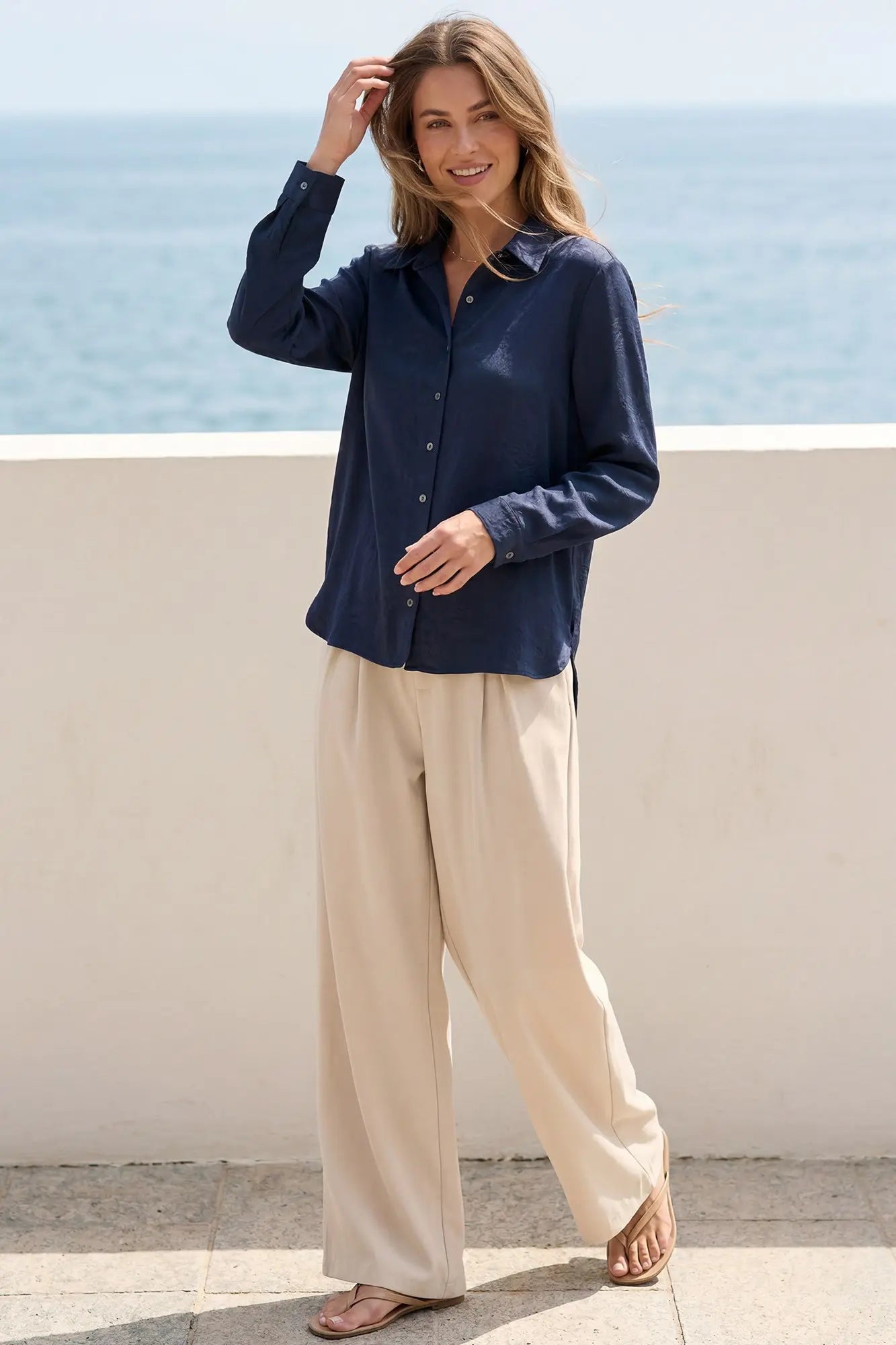 Navy Satin Button Down