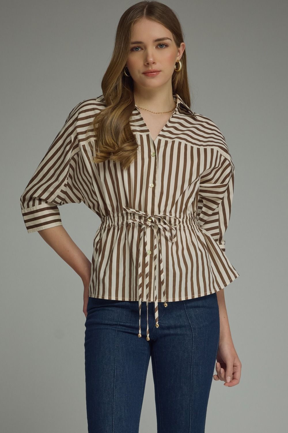 Mocha Striped Tie Waist Blouse