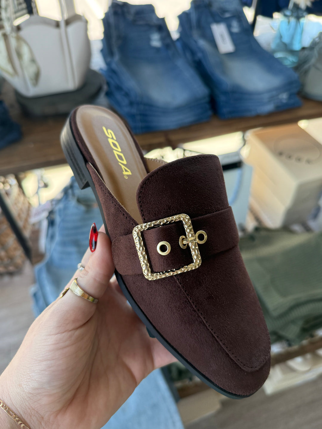 Elvira Suede Buckle Mule