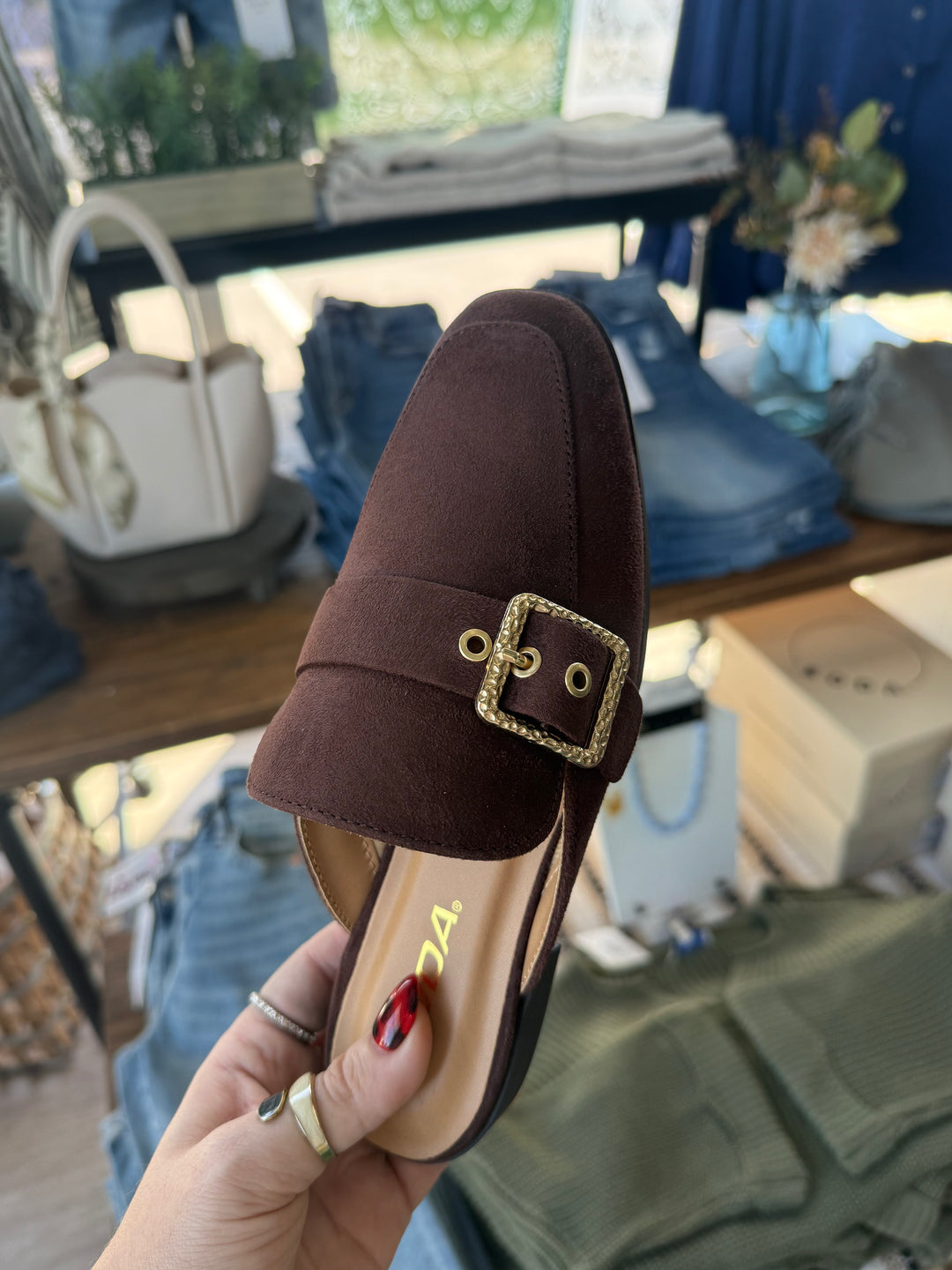 Elvira Suede Buckle Mule
