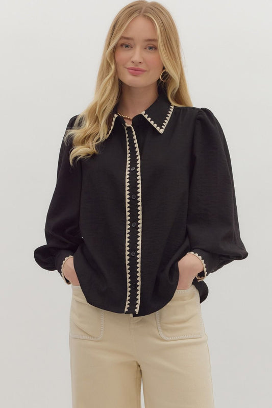 Black Scallop Button Down Top