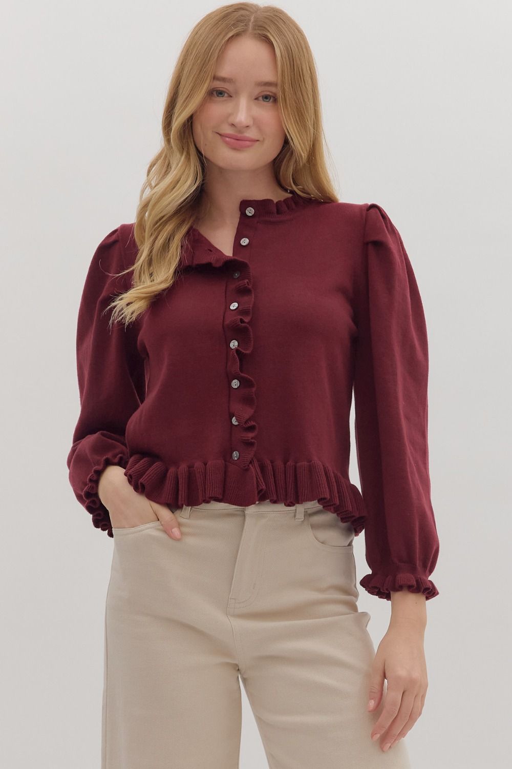 Wine Ruffle Trim Cardigan