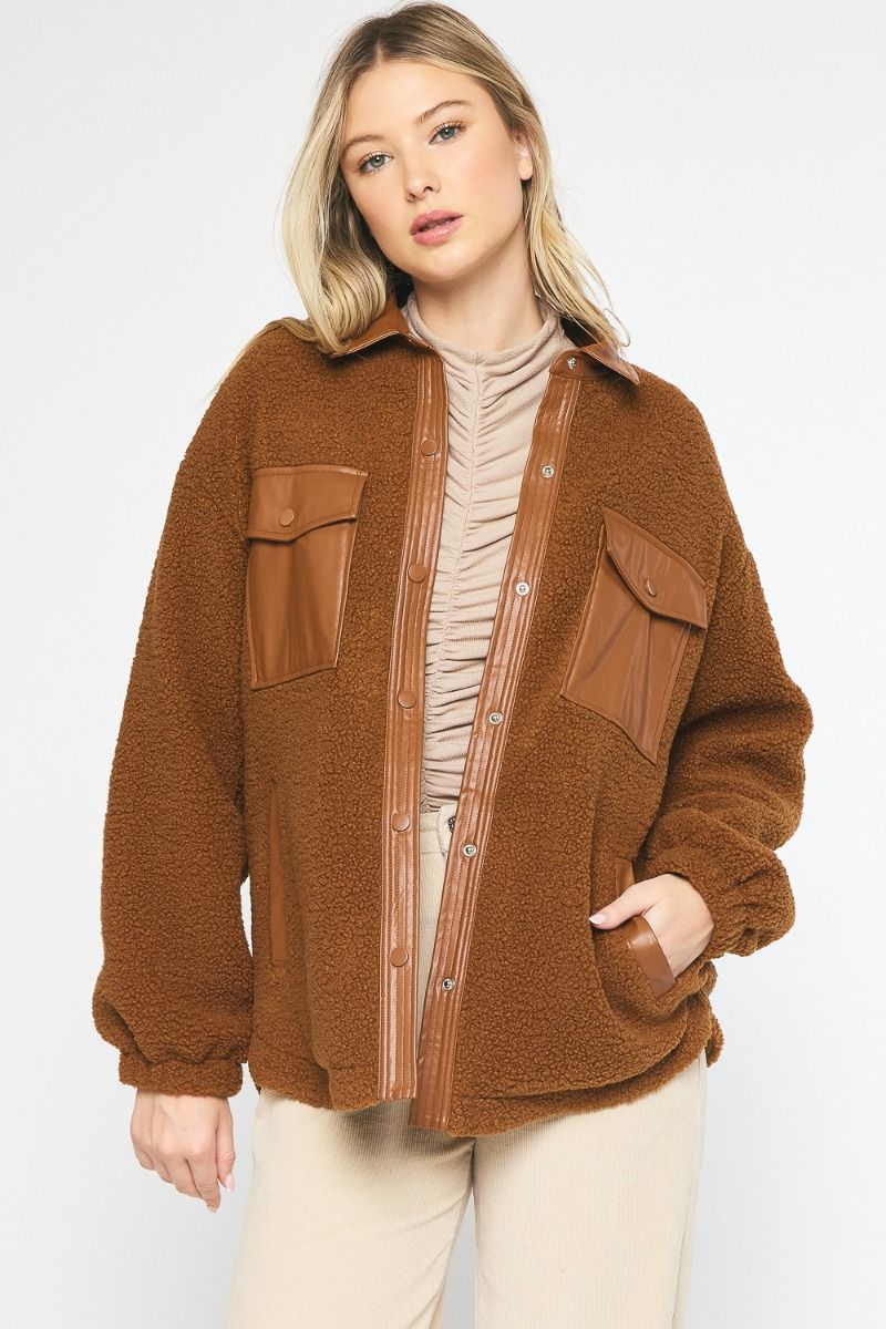 Brown Sherpa Shacket w/Leather