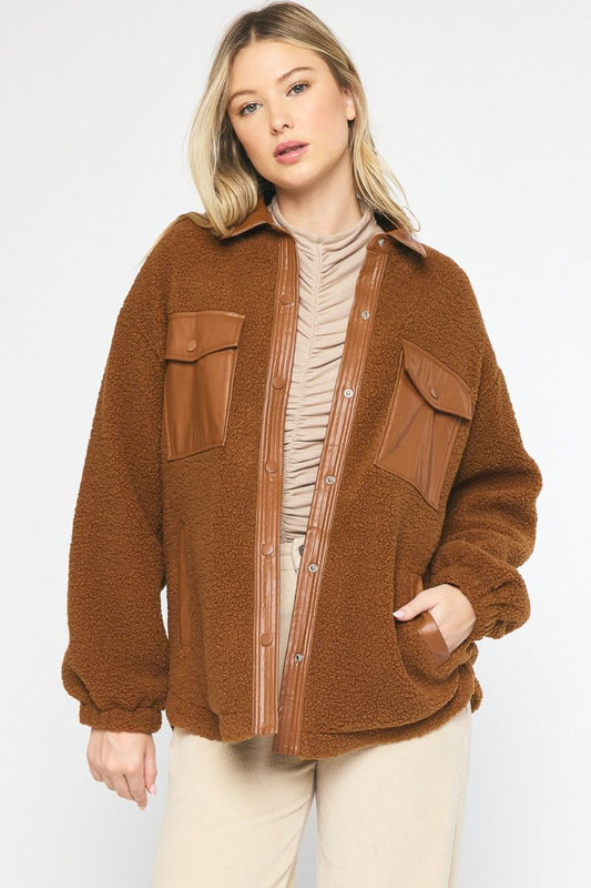 Brown Sherpa Shacket w/Leather
