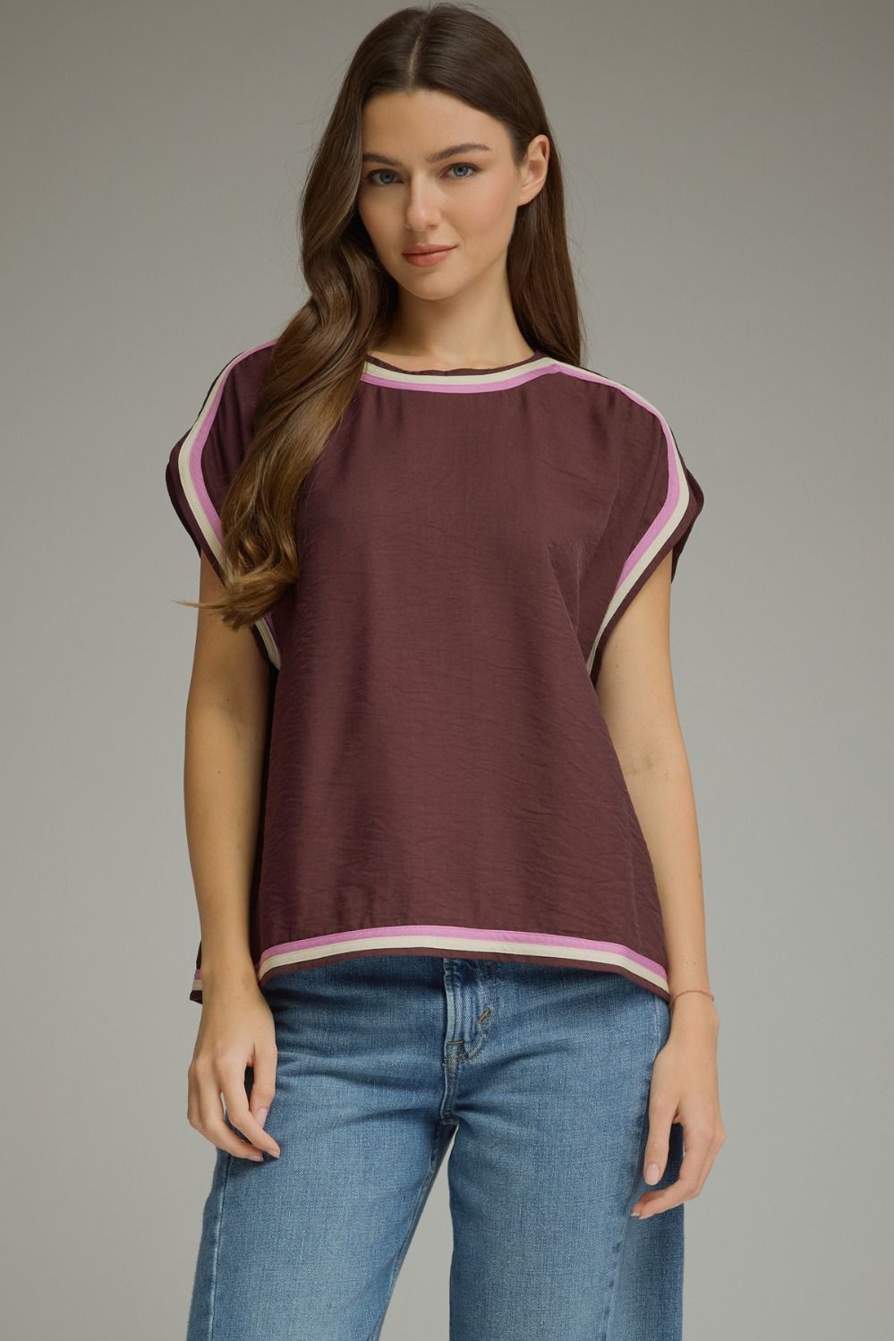 Brown Contrast Trim Top