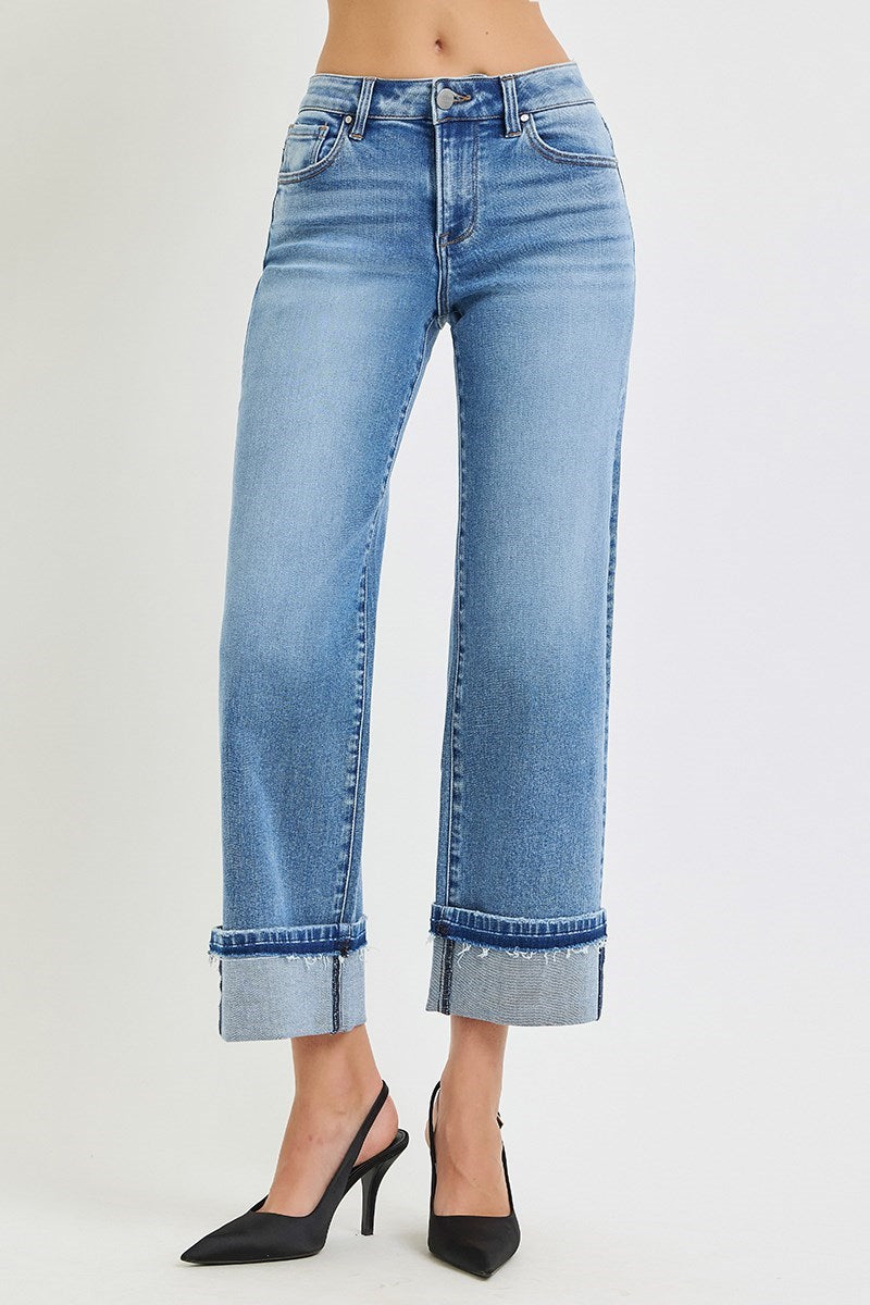 Mid Rise Ankle Straight Cuffed Risen Jeans