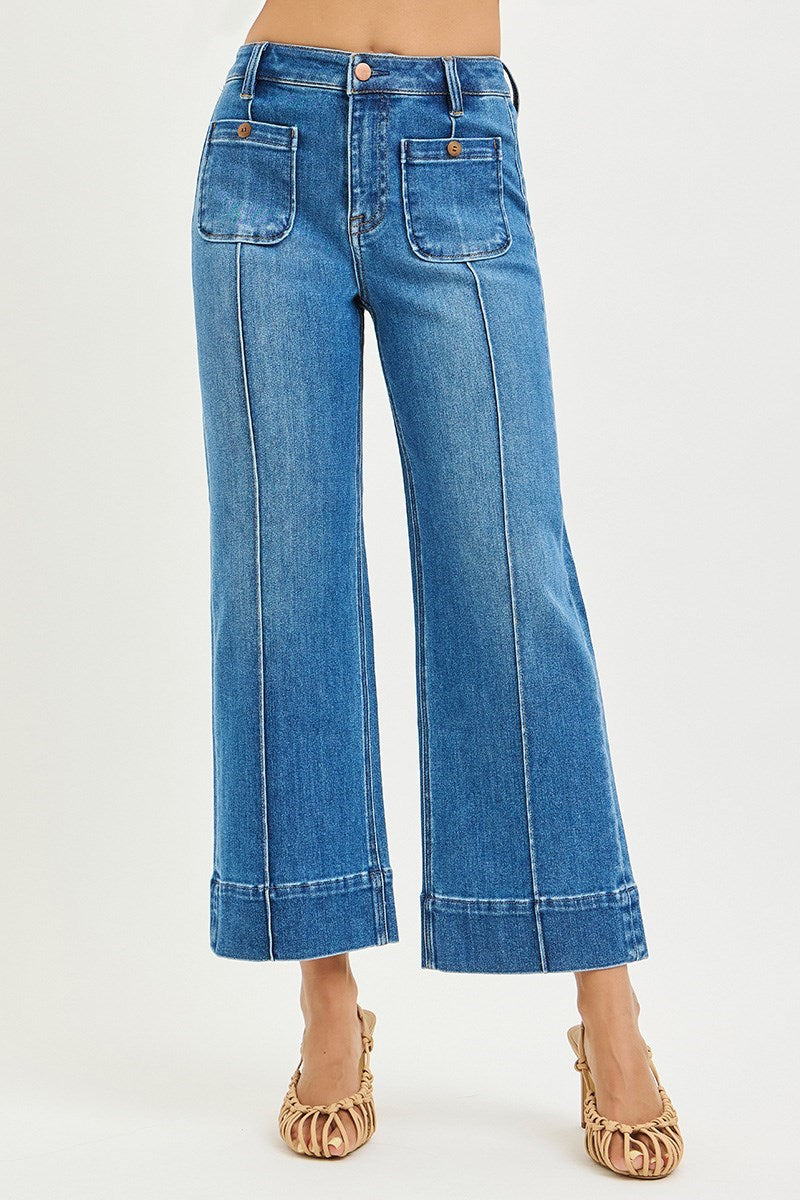Medium Wash High Rise Wide Jeans w/ Pintuck