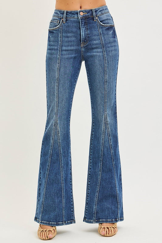 High Rise Flare Jeans w/Front Seam Detail