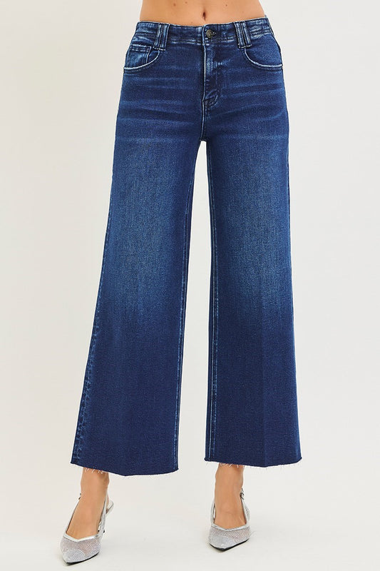 High Rise Ankle Wide Jeans with Crease Line