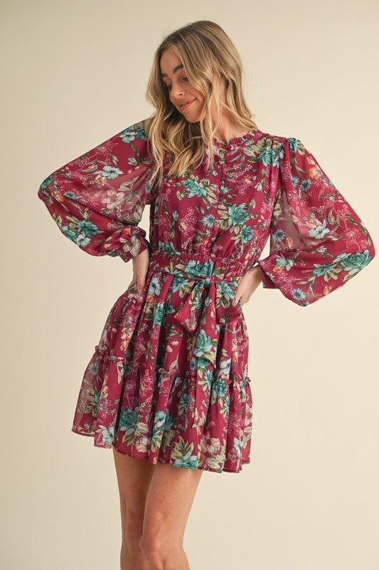 Plum Long Sleeve Flower Mini Dress